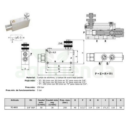 Regulador de presión compensado 3 Vias c/regulador en acero 3/8" bsp 250bar 50l/m